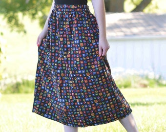 Bold Colored Full, High-Waisted Skirt with Geometric Pattern, Vintage 1980s, Brand: Espirit, Size Small