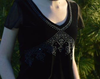 Glamorous, Black Velvet Shirt with Sequins & Glitter, Vintage 1990s, Brand:AGB