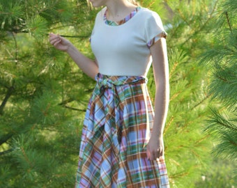 Brown e viola Plaid Knee-Lunghezza Party Abito, 1950 Vintage