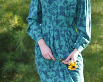 Abito floreale modello con colletto d'accento pulsante, Vintage, Leslie Fay