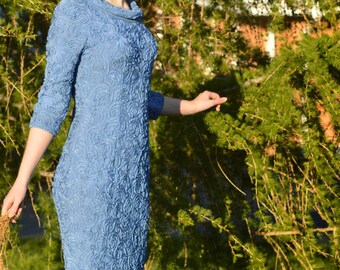 Cowl Neck Blue Floral Cocktail Dress, Knee Length, Vintage 1960s