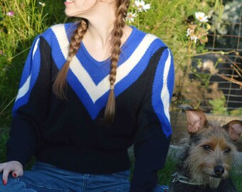 Blue & Black V-Neck Sweater, Vintage 1980s, 1990s, Brand: Knights LTD, Size 36