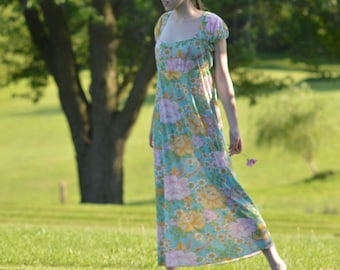 Boho Abito Lungo Floreale Pastello, Vintage anni 1970, Taglia Media
