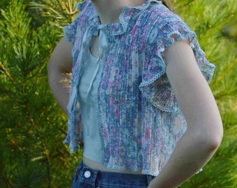 Pastel Crop Short Sleeve Over-Shirt Blouse, Vintage 1980s
