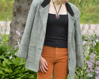 Blazer Houndstooth Wool-Blend avec col en cuir, vintage années 1980/1990, Marque: East End, Taille Moyenne