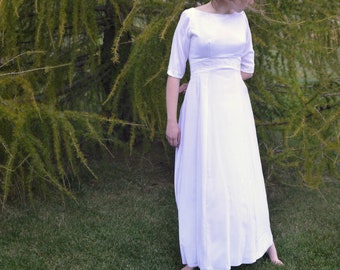 Velvet, White Wedding Dress with 3/4 Sleeves, Intricate Beading, Vintage 1960s 1970s
