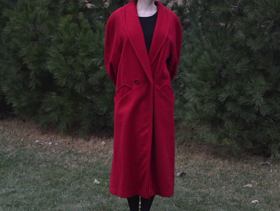 Dark Red, Wool, Long Coat, Vintage 1980s/1990s, B… - image 1