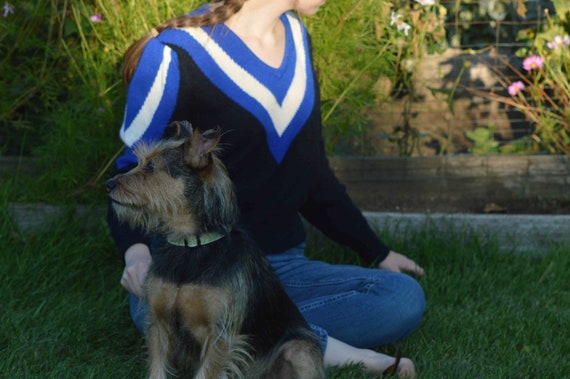 Blue & Black V-Neck Sweater, Vintage 1980s, 1990s… - image 3