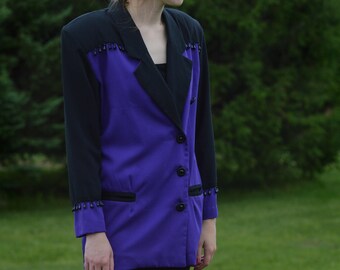 Purple Blazer with Beaded Fringe, Vintage 1990s, Brand: GSL, Size Medium