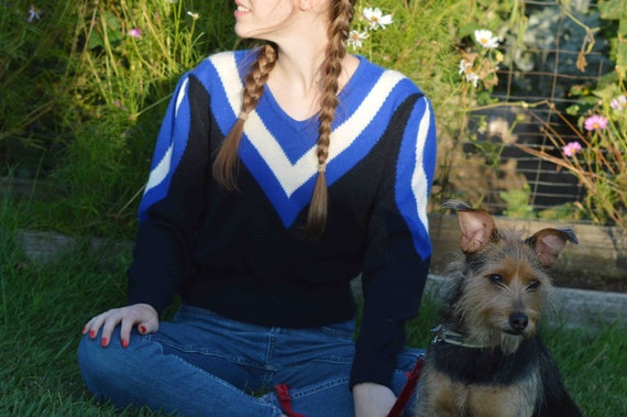 Blue & Black V-Neck Sweater, Vintage 1980s, 1990s… - image 1