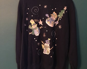 90s/Y2K Vintage Dancing Snowman Christmas Sweatshirt, mock neck, Purple, Ugly Christmas Size extra large Brand: Blair