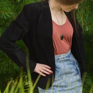 Leather Suede Black Jacket, Vintage 1980s, 1990s, Brand: Deerskin, Size 14