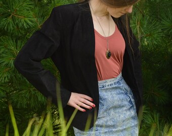 Leather Suede Black Jacket, Vintage 1980s, 1990s, Brand: Deerskin, Size 14