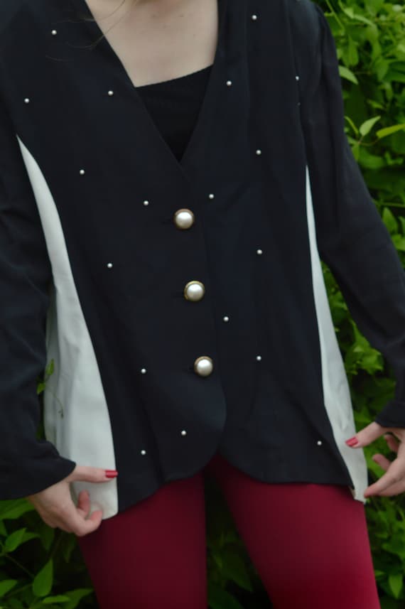 Classy Black & White Jacket with Pearl Accents, Vi