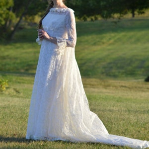 1970s Lace Empire Waist Cream Wedding Dress, Long Sleeve,  Vintage 1970s, 1960s