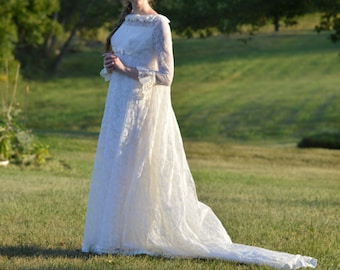 1970s Lace Empire Waist Cream Wedding Dress, Long Sleeve,  Vintage 1970s, 1960s