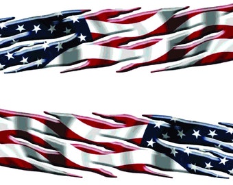 May include: Two tattered American flag decals with a distressed look. The decals are red, white, and blue with a jagged edge.