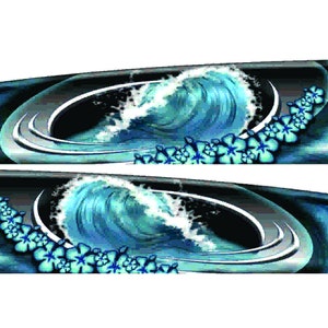 May include: Two blue and white wave decals with a floral design. The decals feature a stylized wave with white foam and a black background. The floral design is made up of blue flowers with white centers.