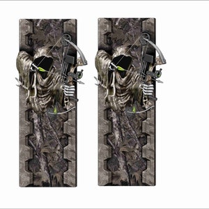 May include: Two vertical decals featuring a skeletal figure in a hooded cloak holding a bow and arrow. The figure is set against a camouflage background with a textured metal border.