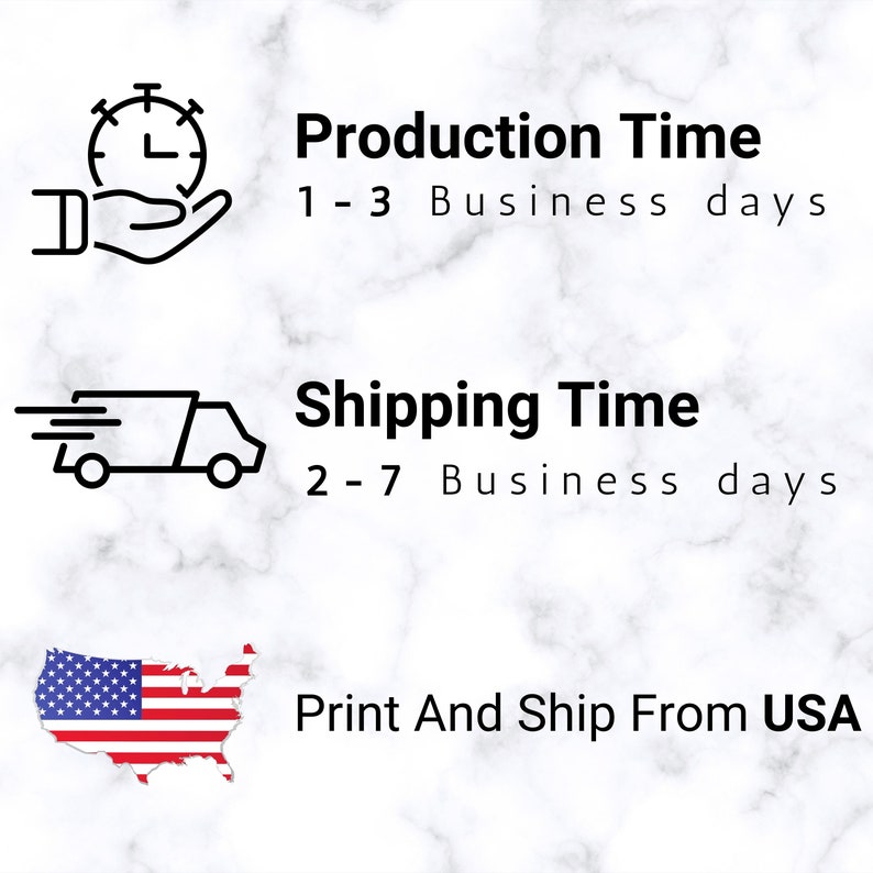 May include: Illustration of a clock, a delivery truck, and a map of the United States. The text reads "Production Time 1-3 Business days", "Shipping Time 2-7 Business days", and "Print And Ship From USA".