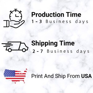 May include: Illustration of a clock, a delivery truck, and a map of the United States. The text reads "Production Time 1-3 Business days", "Shipping Time 2-7 Business days", and "Print And Ship From USA".
