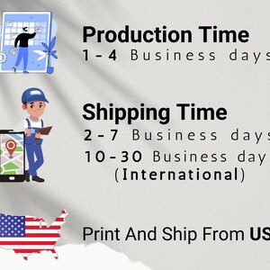 May include: Illustration of a calendar, a delivery truck, and a map with the text "Production Time 1-4 Business days" and "Shipping Time 2-7 Business days 10-30 Business days (International)" and "Print And Ship From USA".