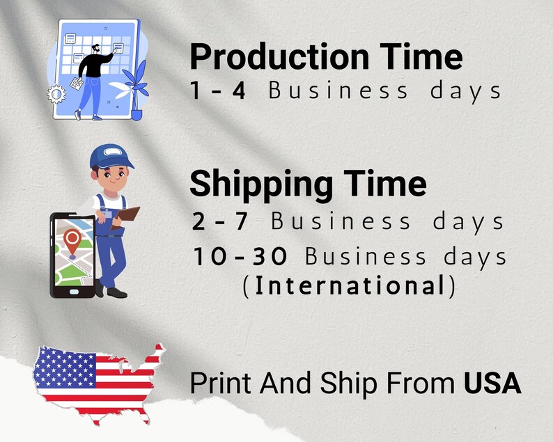 May include: Illustration of a calendar, a delivery truck, and a map with the text "Production Time 1-4 Business days" and "Shipping Time 2-7 Business days 10-30 Business days (International)" and "Print And Ship From USA".