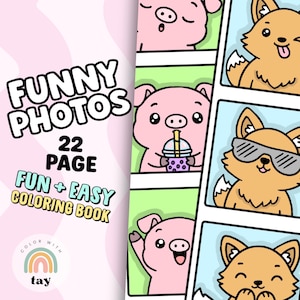 May include: A coloring book cover with the title "FUNNY PHOTOS" in large white letters. The cover also includes the text "22 PAGE FUN + EASY COLORING BOOK". The book features cartoon pigs and foxes in a colorful design.