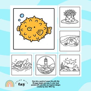 May include: A coloring book with ocean-themed illustrations, including a pufferfish, coral, a sand dollar, a turtle, a lighthouse, and a shark. The book is titled "Color With Tay" and contains 48 pages of sea-inspired designs.