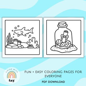 May include: Two black and white coloring pages featuring ocean themes. One shows a shark swimming near coral and seaweed. The other depicts a message in a bottle with seashells. Text at the bottom reads "FUN + EASY COLORING PAGES FOR EVERYONE PDF DOWNLOAD."