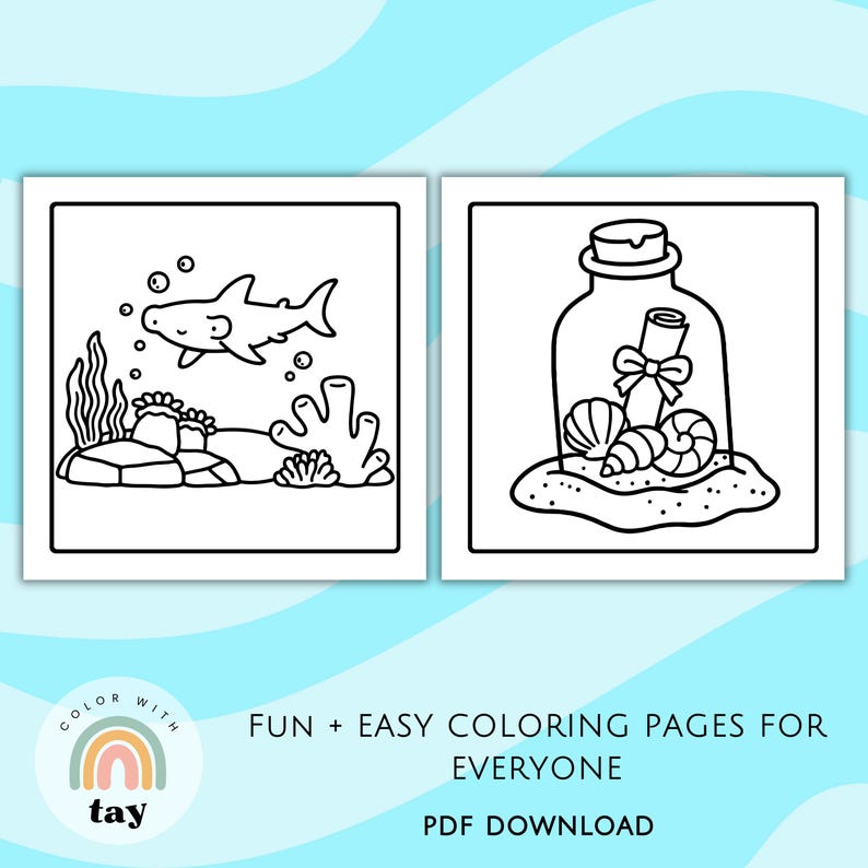 May include: Two black and white coloring pages featuring ocean themes. One shows a shark swimming near coral and seaweed. The other depicts a message in a bottle with seashells. Text at the bottom reads "FUN + EASY COLORING PAGES FOR EVERYONE PDF DOWNLOAD."