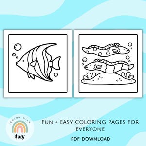 May include: Two black and white coloring pages featuring aquatic life. One page shows a detailed fish with stripes and bubbles. The other page displays two fish and plants. Text at the bottom reads "FUN + EASY COLORING PAGES FOR EVERYONE PDF DOWNLOAD."