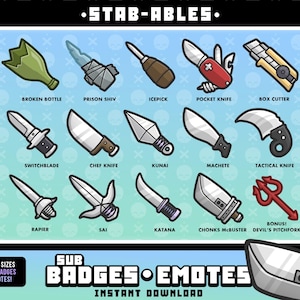 May include: A set of 13 colorful cartoon stab-able weapon icons, including a broken bottle, prison shiv, ice pick, pocket knife, box cutter, switchblade, chef knife, kunai, machete, tactical knife, rapier, sai, katana, and a bonus devil's pitchfork. The icons are on a light blue background with a white border. The text "SUB BADGES EMOTES INSTANT DOWNLOAD" is at the bottom of the image.