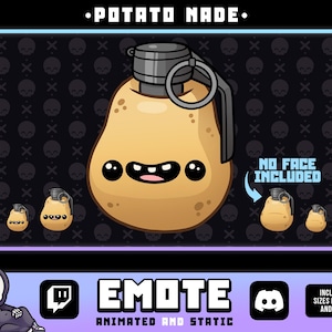 May include: A cartoon illustration of a potato-shaped grenade with a smiling face. The design includes a black ring and a gray top. The text "EMOTE" and "POTATO NADE" are also visible. Includes all sizes for Twitch and Discord.