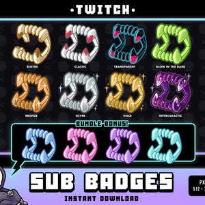 May include: A set of 10 Twitch sub badges featuring a set of fangs in various colors and styles, including busted, classic, transparent, glow in the dark, bronze, silver, gold, intergalactic, blue, and pink. The badges are labeled with their names and the text "SUB BADGES" and "INSTANT DOWNLOAD" is displayed below the badges.