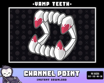 May include: A digital illustration of a set of white vampire teeth with red blood dripping from the fangs. The teeth are set against a black background with a repeating pattern of white skulls.