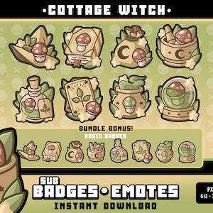 May include: A set of 10 digital badges and emotes featuring a cottage witch theme. The badges and emotes are in various styles, including a witch's hat, a book, a cauldron, a potion bottle, a crystal ball, and a bag of coins. The badges and emotes are all in a cartoon style and feature a green and brown color scheme. The text "COTTAGE WITCH" is at the top of the image. The text "SUB BADGES EMOTES INSTANT DOWNLOAD" is at the bottom of the image. The text "PX SIZES 512-72-36-18" is in the bottom right corner of the image.