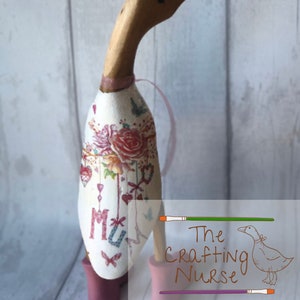 Charming Decoupaged Bamboo Wooden Duck with Floral Mum Design Perfect Gift for Mum Mothers Day Painted Boots Webbed Feet image 3