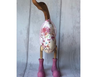 Charming Decoupaged Bamboo Wooden Duck with Floral Mum Design | Perfect Gift for Mum | Mothers Day | Painted Boots | Webbed Feet