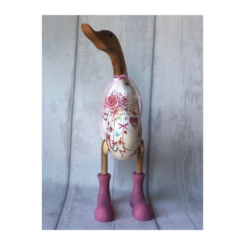 Charming Decoupaged Bamboo Wooden Duck with Floral Mum Design Perfect Gift for Mum Mothers Day Painted Boots Webbed Feet image 1