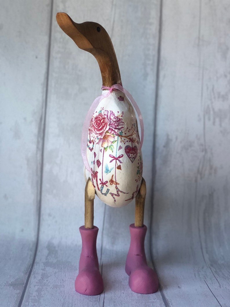 Charming Decoupaged Bamboo Wooden Duck with Floral Mum Design Perfect Gift for Mum Mothers Day Painted Boots Webbed Feet image 2