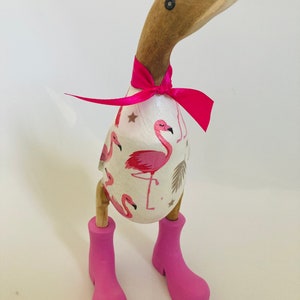 Decorated Wooden Ducks In Wellies - Flamingo Print *Gift Sets Available*