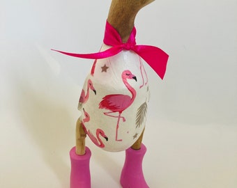 Decorated Wooden Ducks In Wellies - Flamingo Print *Gift Sets Available*