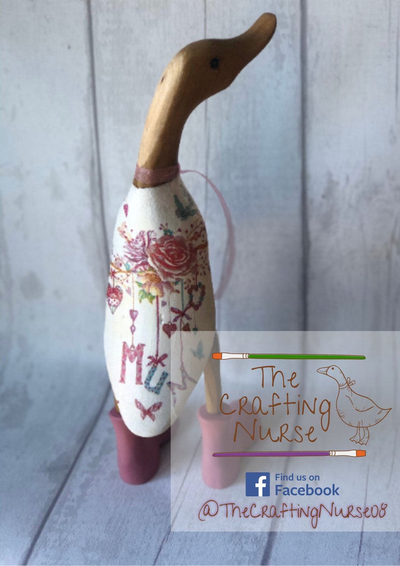 Charming Decoupaged Bamboo Wooden Duck with Floral Mum Design Perfect Gift for Mum Mothers Day Painted Boots Webbed Feet image 3