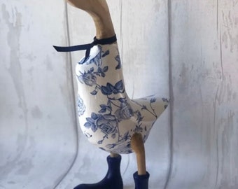 Decorated Wooden Ducks In Wellies - Stylish Blue Floral Design *Gift Sets Available*