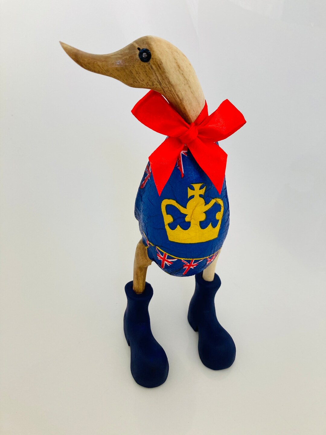 Decoupaged Hand Painted Wooden Ducks in Boots King Charles/coronation