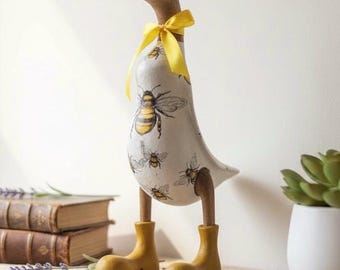 Bee Decoupage Duck with Boots | Hand-Painted Bamboo Decor
