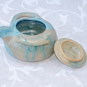 May include: A teal and brown ceramic teapot with a unique, organic shape and a matching lid. The teapot has a textured surface and a small spout.