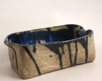 Handmade Ceramic Loaf Pan Baking Dish White Clay With Clear Glaze and a Touch of Deep Blue Glaze with Texture, Bread Pan