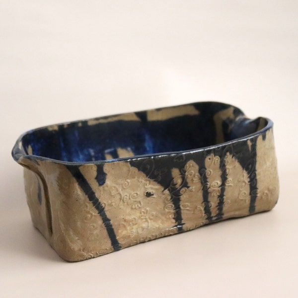 Handmade Ceramic Loaf Pan Baking Dish White Clay With Clear Glaze and a Touch of Deep Blue Glaze with Texture, Bread Pan